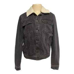 Topman Classic Sherpa Plaid Lined Gray Denim Trucker Jacket Washed Out Black